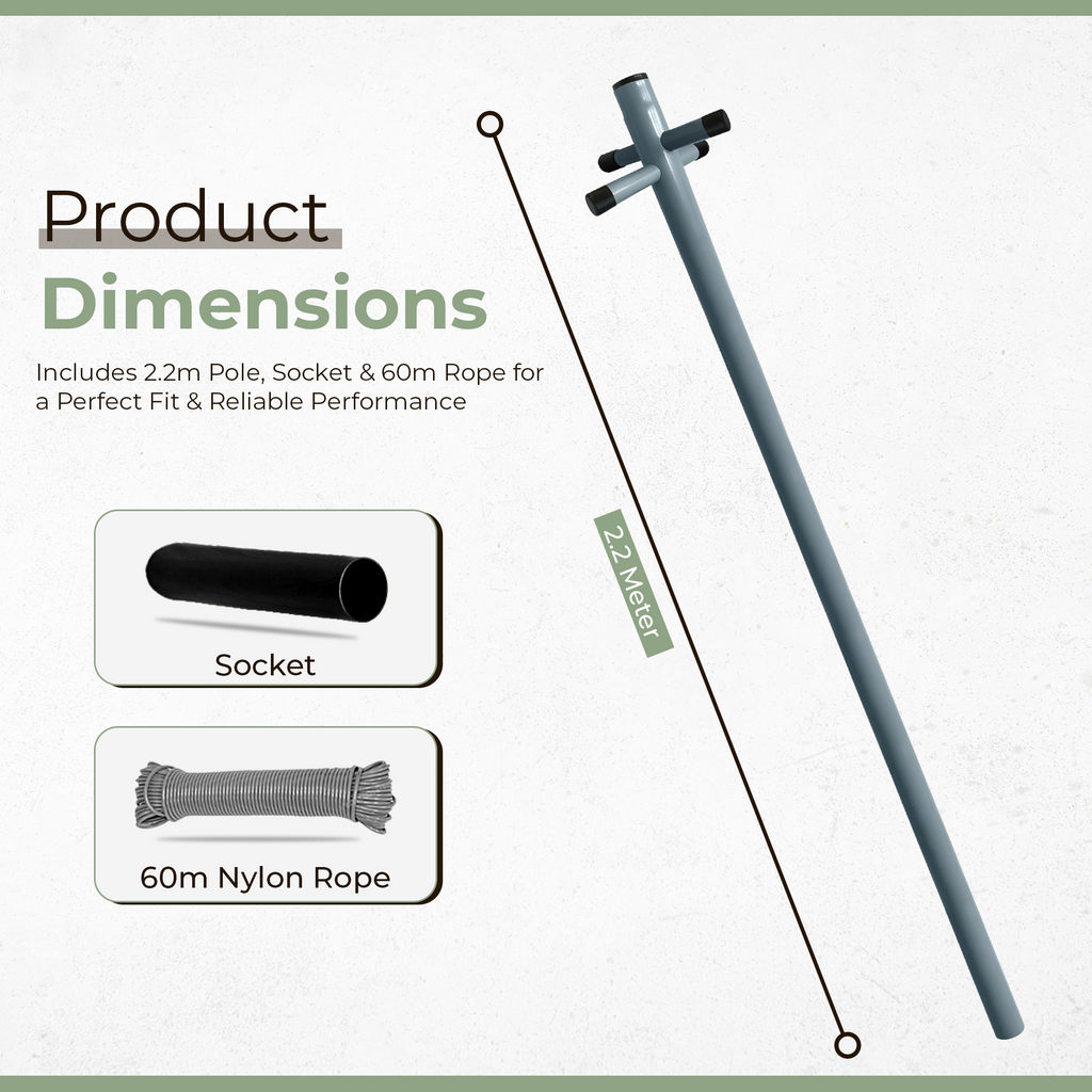 2.4M Galvanized Washing Line Extendable Post Pole with 60m Rope & Ground Socket