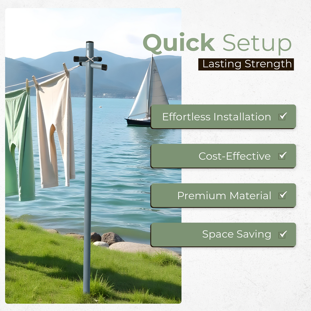 2.4M Galvanized Washing Line Extendable Post Pole with 60m Rope & Ground Socket