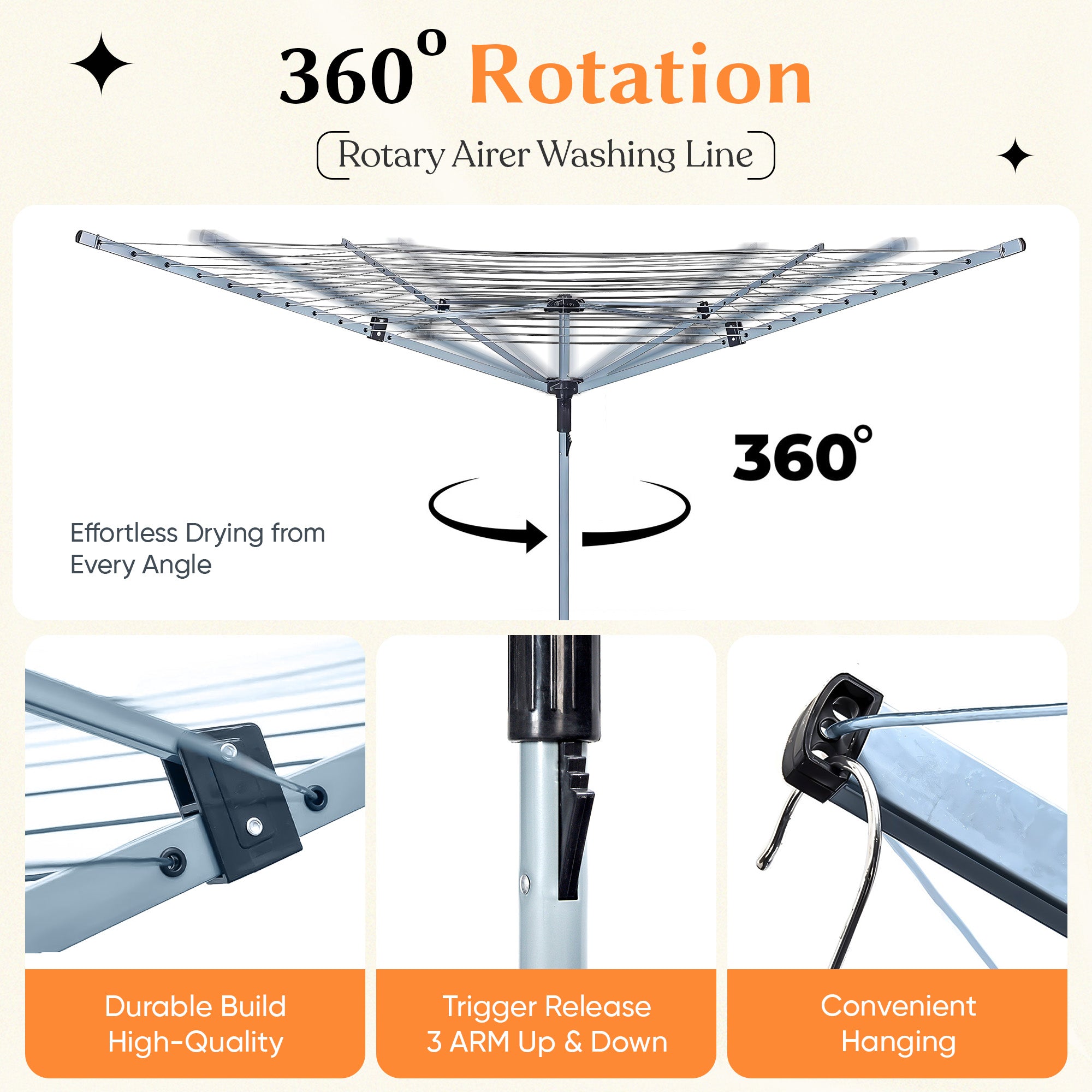 Heavy Duty 60m Rotary Washing Line 4 Arm Outdoor Clothes Airer Dryer Cover UK