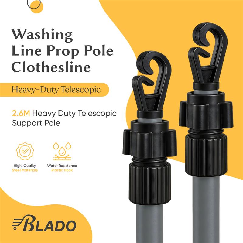 2x Heavy Duty Washing Line Prop 2.6m Extendable Telescopic Clothes Line Support